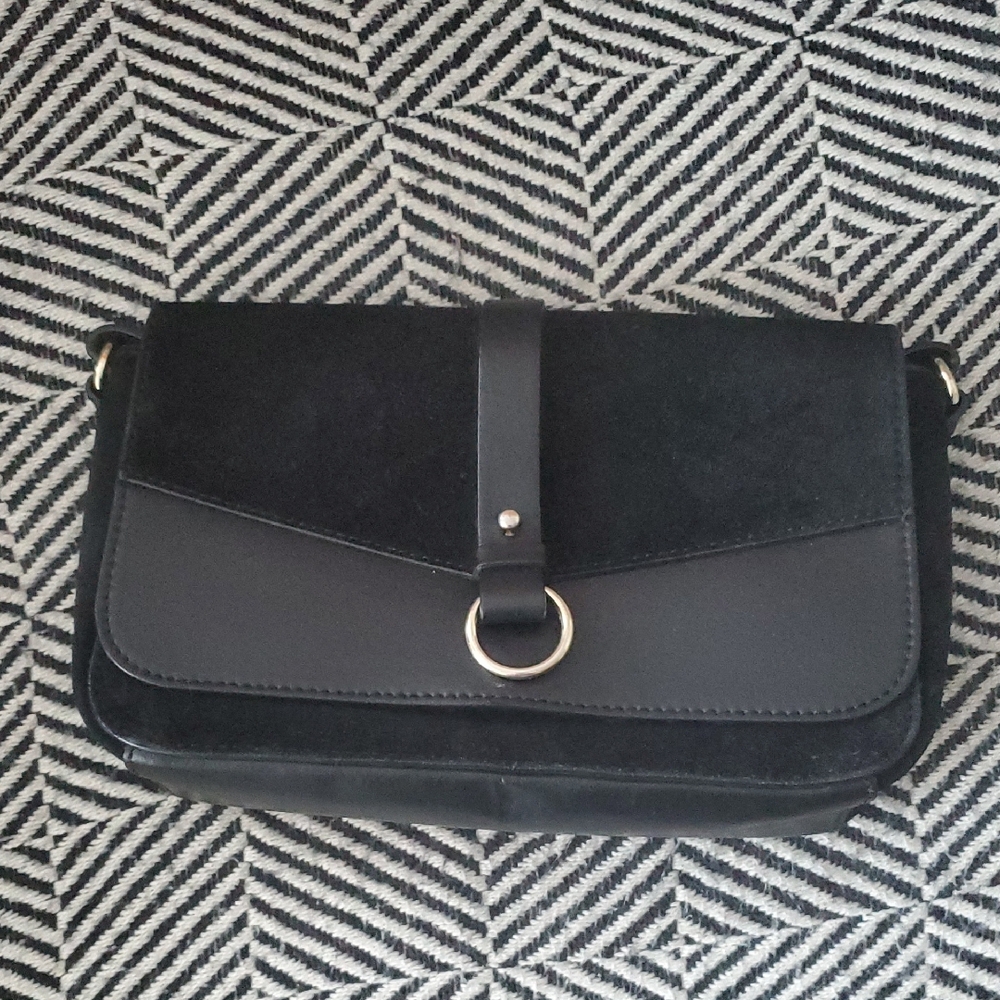 Galeries Lafayette Black Leather & Suede Crossbody Bag | Gold Hardware